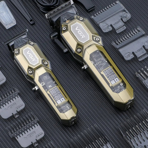 Cordless Hair Clippers And Trimmer Set For Men With USB Rechargeable Power 10 Guide Combs LED Display Pro Grade Barber Kit For Home And Barbershop Quiet Fast Clipping Family Friendly Haircut Machine, gold clipper and trimmer set with comb guards