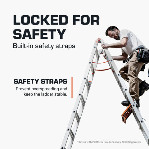 Skyscraper 17 Ft Adjustable Extension Stepladder With Crazy Reach For High Ceilings And Stairwells, Non Slip Feet, Safety Straps, Type IAA 375 Lb Rating, Ultra Tall Multi Position Ladder For Chandeliers And Skylights showing safety straps and worker