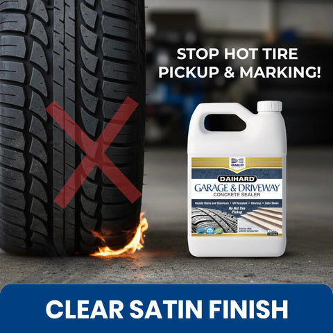Heavy Duty Water Based Concrete Sealer For Garage And Driveway beside tire with marks, showing ability to prevent tire pickup.