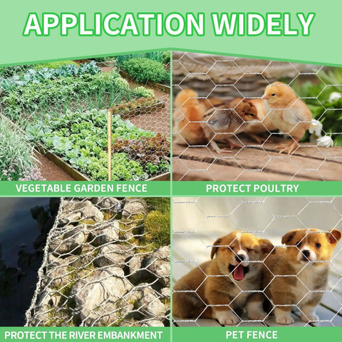 Hexagonal Galvanized Chicken Wire Netting 13.7 Inch Wide By 236 Inch Long Durable Garden Fence Mesh For Poultry Rabbits DIY Projects And Craft Fences At Home in use as vegetable garden fence, poultry protection, pet fence, and river embankment.
