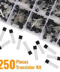 Top view of Dope 250 Pack Transistor Assortment Kit With 10 Values A1015 BC327 BC337 C1815 S8050 S8550 2N2222 2N2907 2N3904 2N3906
