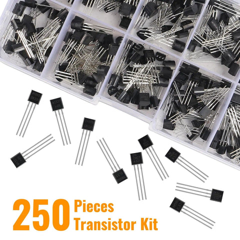 Top view of Dope 250 Pack Transistor Assortment Kit With 10 Values A1015 BC327 BC337 C1815 S8050 S8550 2N2222 2N2907 2N3904 2N3906