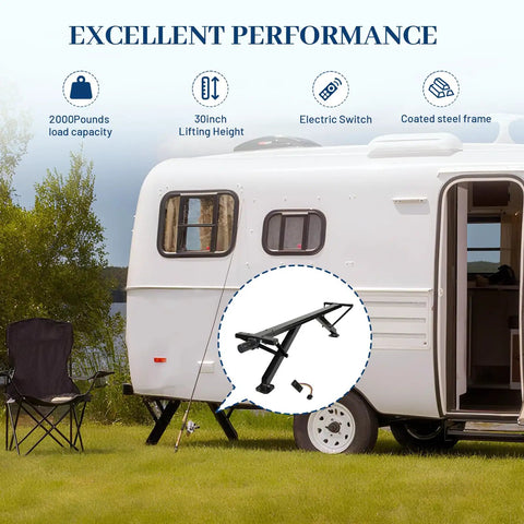 Rear Trailer Power Stabilizer Jack Stand Kit With Electric Switch No Crank Needed Independent Legs For Rock Solid Stability Up To 30 Inch Lift Easy Camp Setup Replaces 298707 beside white trailer