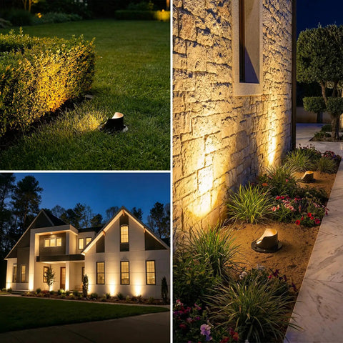 Six Pack Low Voltage Landscape Lighting Kit With 12W Well Lights, illuminating a garden and pathways at night.