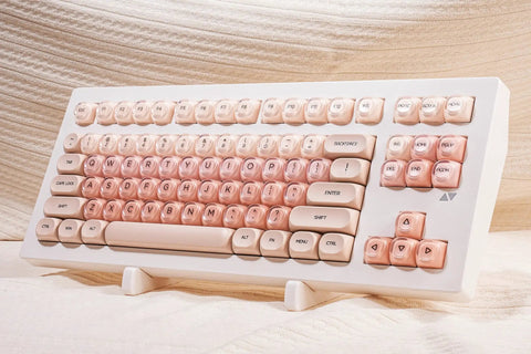 Clean 80 Percent Wireless Mechanical Keyboard In Soft Pink Creamy Build Featuring Jelly Moa Profile Transparent Keycaps And Smooth Linear Switches For Fire PC Gaming And Desk Setup Vibes, top view with highlighted key layout.