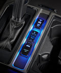 RockSwitch Style USB Outlet Socket Panel Mount Dual USB Ports 5V 2.1A Each with PD Type-C Fast Charge Replacement or Add-On Charger for 12V-24V Vehicles, Phones, Tablets, Cameras, GPS, installed in car center console with blue backlight