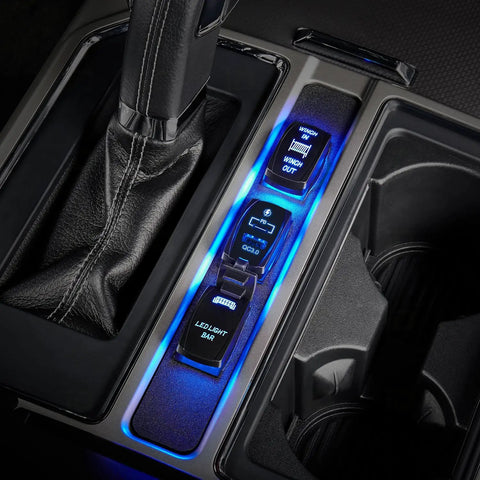 RockSwitch Style USB Outlet Socket Panel Mount Dual USB Ports 5V 2.1A Each with PD Type-C Fast Charge Replacement or Add-On Charger for 12V-24V Vehicles, Phones, Tablets, Cameras, GPS, installed in car center console with blue backlight