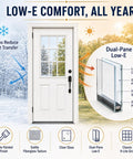 32 By 80 Inch White Primed Fiberglass Front Entry Door Slab Smooth Texture Nine Lite Clear Low E Glass with dual-pane insulation.