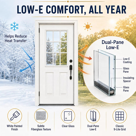 32 By 80 Inch White Primed Fiberglass Front Entry Door Slab Smooth Texture Nine Lite Clear Low E Glass with dual-pane insulation.