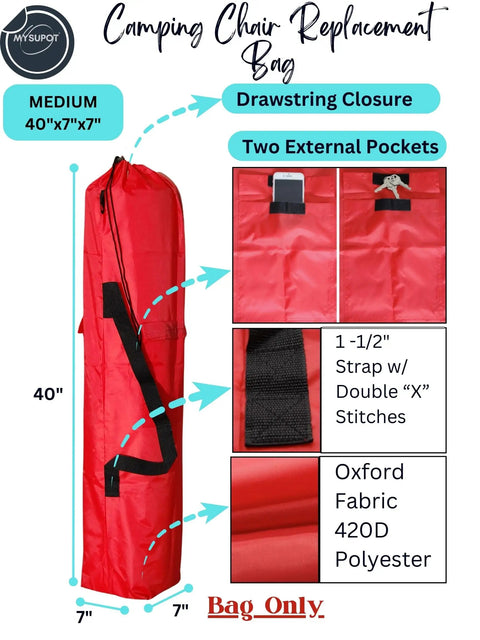 Replacement Bag For Folding Camping Chair 40x7x7 Inch 420D Oxford Polyester with side pockets, red drawstring