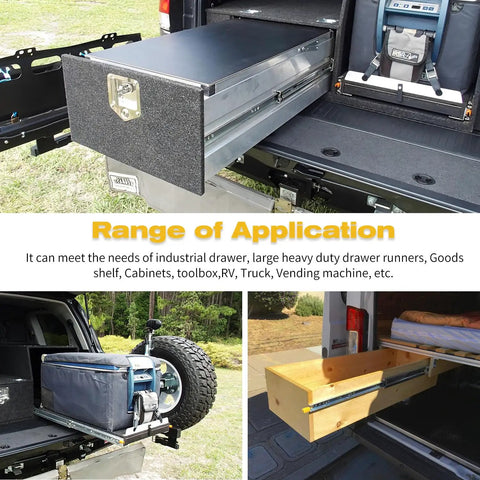 Beefy Heavy Duty Drawer Slides With Lock, side mount ball bearing rails on truck bed for smooth full extension and secure storage