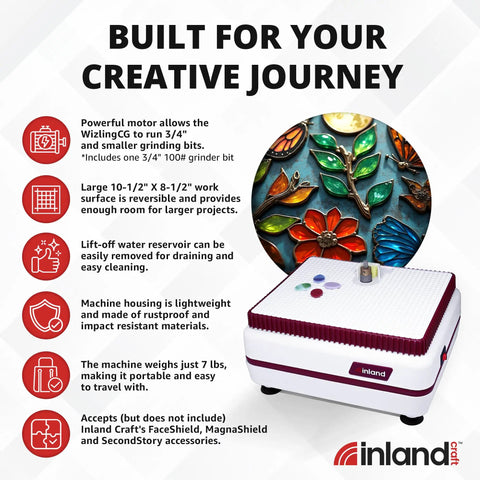 Pro Grade Glass Grinder For Stained Glass, Edging, Grinding, Shaping, And Drilling, Includes Diamond Grinding Bit, 115V, 30 oz In Torque, Ideal For Professionals And Hobbyists, shown with product features and decorative glass art.