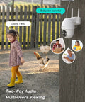 4MP Solar Wireless Security Camera System Kit With 4 Cameras, 360 Degree Pan Tilt monitoring child and rooster outdoors