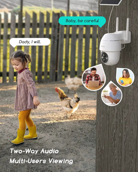 4MP Solar Wireless Security Camera System Kit With 4 Cameras, 360 Degree Pan Tilt monitoring child and rooster outdoors