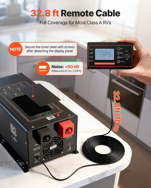 Image showing 32.8 ft remote cable connected to Hardcore Workhorse 3000W Pure Sine Wave Inverter Charger for RV use.
