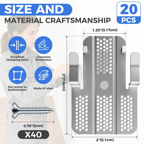Image showing 20 Pack Drywall Repair Clips With 40 Stainless Steel Screws Fits Half And Five Eight Inch Panels with dimensions.
