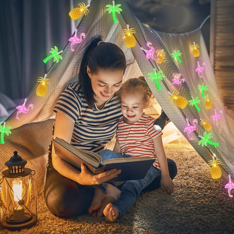 Mother and child under tent with Tropical Flamingo Pineapple Palm Tree LED String Lights, 30 LEDs, 16 Ft Battery Operated, cozy ambiance