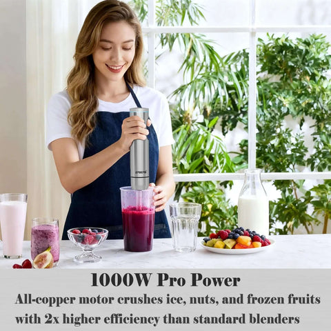 Kickass Handheld Immersion Blender With 1000W Brushless Motor And 11 Speeds Anti Splash Design Plus Stainless Steel Blades in use blending smoothie.