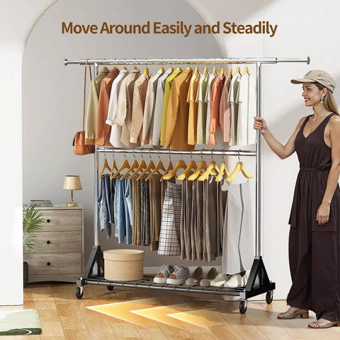 Rock Solid Heavy Duty Clothes Rack With Lockable Wheels And 600 Pound Load Capacity Rust Proof Metal Frame Rolling Wardrobe Stand For House Essentials