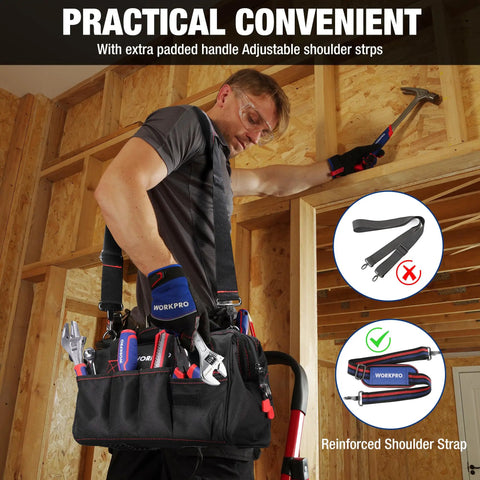 Person holding Rugged 12 Inch Close Top Wide Mouth Tool Bag With Double 500D Polyester, built for job site use.
