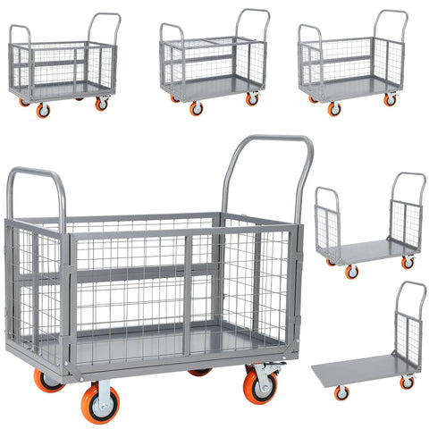 Heavy-Duty 1800 Lb 6-In-1 Foldable Platform Cart With Cage, 360 Degree Wheels, Multi-Functional Hand Truck Dolly In Silver