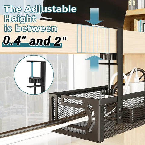 Under Desk Cable Management Tray With Clamp No Drill Installation 25.3 Inch Large Capacity Metal Cord Organizer adjustable height view.