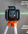 Green Self Leveling Rotary Laser Level Kit With Plumb Spot For Pro Grade Precision In Horizontal And Vertical Alignment, 1150 Foot Range With Detector, Rechargeable, Tripod, 9 Foot Grade Rod, Carrying Case, Class 3R mounted on tripod