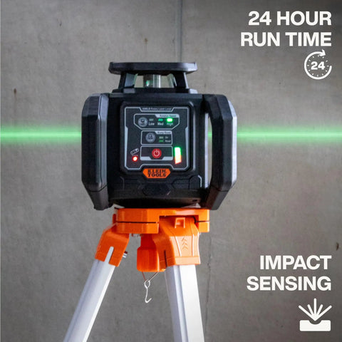 Green Self Leveling Rotary Laser Level Kit With Plumb Spot For Pro Grade Precision In Horizontal And Vertical Alignment, 1150 Foot Range With Detector, Rechargeable, Tripod, 9 Foot Grade Rod, Carrying Case, Class 3R mounted on tripod