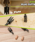 Wood plug cutters from Heavy Duty Countersink Drill Bit Set For Woodworking Packs, showing 4-flute design and wooden plugs.