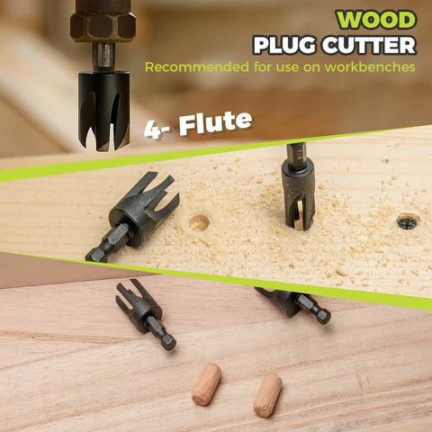 Wood plug cutters from Heavy Duty Countersink Drill Bit Set For Woodworking Packs, showing 4-flute design and wooden plugs.
