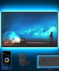 Lit RGB TV Backlight Strip 13.2ft for 32 to 65 Inch TVs RGB LED lights behind screen with app, remote control, and music sync.