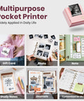 PM290C Portable Mini Sticker Printer Inkless Bluetooth Maker With Three Rolls Of White Thermal Sticker Paper shown with various printed items.