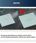 OMTech laser marking spray; two square stainless steel plates on mesh, left smooth, right with ripples.