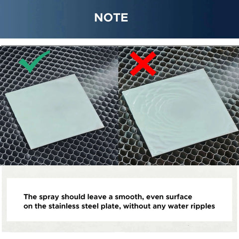 OMTech laser marking spray; two square stainless steel plates on mesh, left smooth, right with ripples.