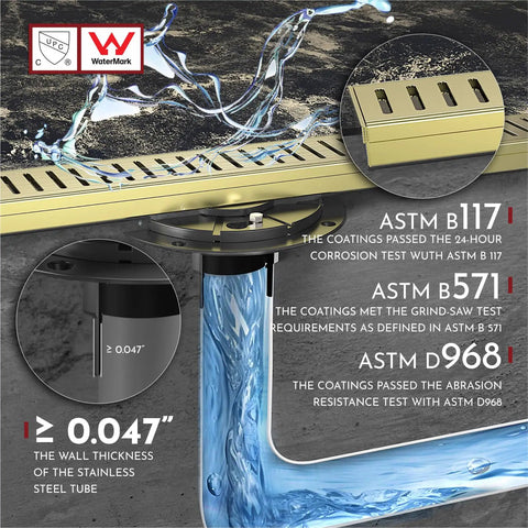 24 Inch Linear Shower Drain System With Capsule Pattern Grate And Removable Cover In Brushed Gold Pro Grade SUS304 Stainless Steel CUPC Certified No Hub Compatible Easy Clean Water Flow And Clog Prevention, showing water flow and certification details
