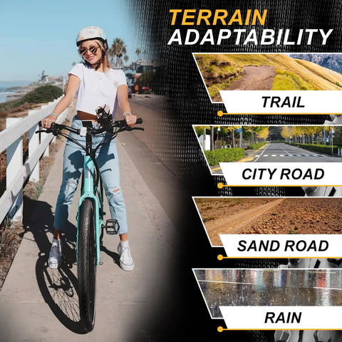 Woman riding bike along a beach path, showcasing terrain adaptability for trail, city, sand, and rain conditions.