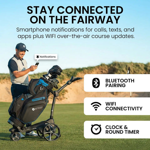Top Shelf GPS Electric Golf Push Cart With Remote Control displaying Bluetooth notifications on the fairway.