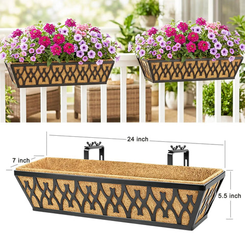 24 Inch Window Boxes Planters Two Pack With Adjustable Brackets For Porch Fence Patio Balcony Railing Planter Boxes With Coco Liners