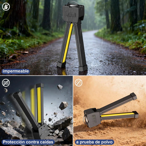 Lit Gym Lighting On The Go Portable Magnetic Work Light in a forest, showing waterproof feature, black body with yellow LED.