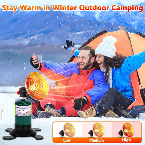 Couple sitting near Portable Propane Heater For Camping And Outdoors With High Heat Output Foldable Tank Holder Ideal For Winter Tents