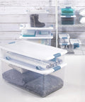 No Hassle Clutter Crusher, Slick Locking Lids, Heavy Duty Stackable Containers For Closet And Home Organization, roomy 56 quart capacity, clear with white tops.