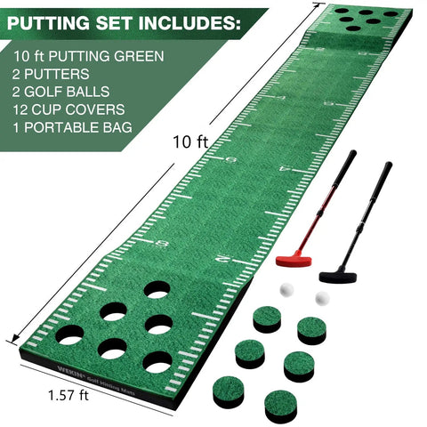 Indoor Putting Green Mat Set With Adjustable Putters, 2 Balls, 12 Hole Covers, Golf Training Mat For Home And Office Display