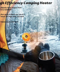 Portable Propane Heater 6200 BTU For Outdoor Use Camping And Patio USB Lighter Cylinder Stand heater shown inside tent