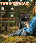 Woman using laptop powered by Portable Power Station 120W With 97.6Wh Battery AC Outlet USB C And USB A Ports in forest
