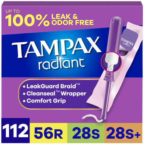 Front view of Radiant Tampons For Women Multipack With LeakGuard Braid, Unscented, 112 Count box highlighting features.