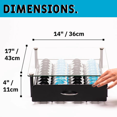Dimensions of Massive 36 Pod Coffee Capsule Tray For Tassimo Pods Drawer Organizer With Tempered Glass Top and Sliding Drawer