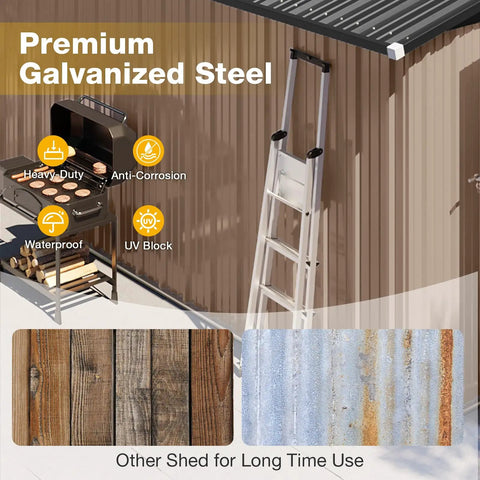 Beefy 10x12 Ft Outdoor Metal Shed With Floor And Lockable Double Doors Heavy Duty Galvanized Steel Storage close-up with ladder