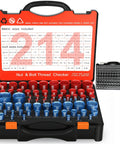 214 Piece Nut And Bolt Thread Checker Kit With Detachable Gauges For SAE And Metric Threads 70 Thread Gauges 37 Blue SAE 33 Red Metric Plus 144 Drill Gauges Pull Out Design For Tight Engine Bays CNC Machined Aluminum Built Tough, open case with red and blue gauges