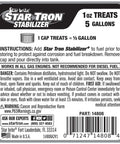 Label of Star brite Star Tron Stabilizer for gasoline engines, 1 oz treats 5 gallons, with instructions and warnings visible.