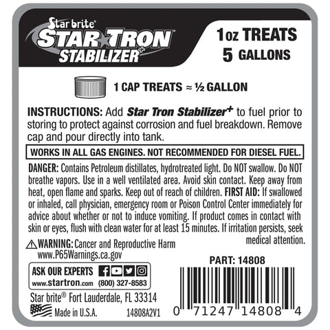 Label of Star brite Star Tron Stabilizer for gasoline engines, 1 oz treats 5 gallons, with instructions and warnings visible.